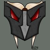 a grey mask like face with red eyes and fangs